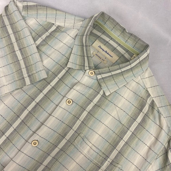 Tommy Bahama Other - Tommy‎ Bahama Men's Blue Green Striped Silk Blend Short Sleeve Button Down Shirt